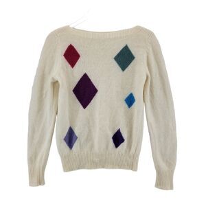 Vintage Women's Lambswool Angora Boatneck Sweater S XS Ivory Colorful Diamonds